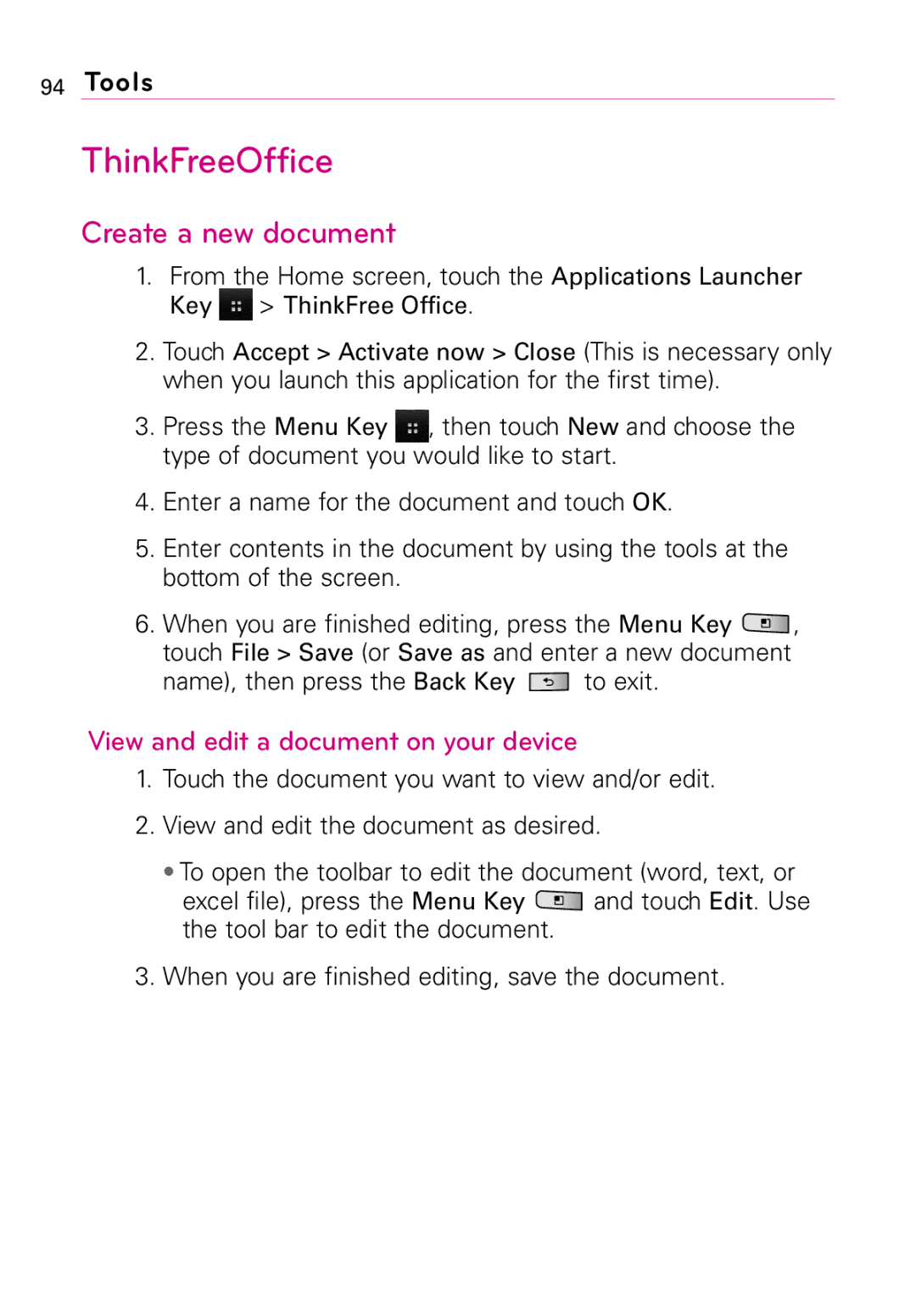 LG Electronics MMBB0394701 manual ThinkFreeOffice, Create a new document, View and edit a document on your device 