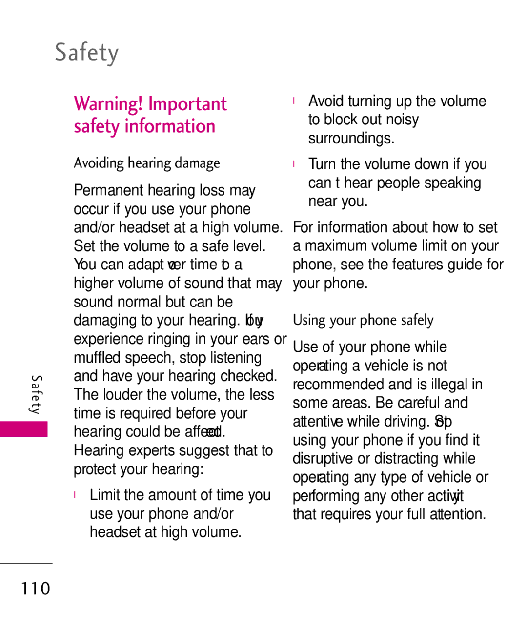 LG Electronics MN510 manual 110, Avoiding hearing damage, Using your phone safely 