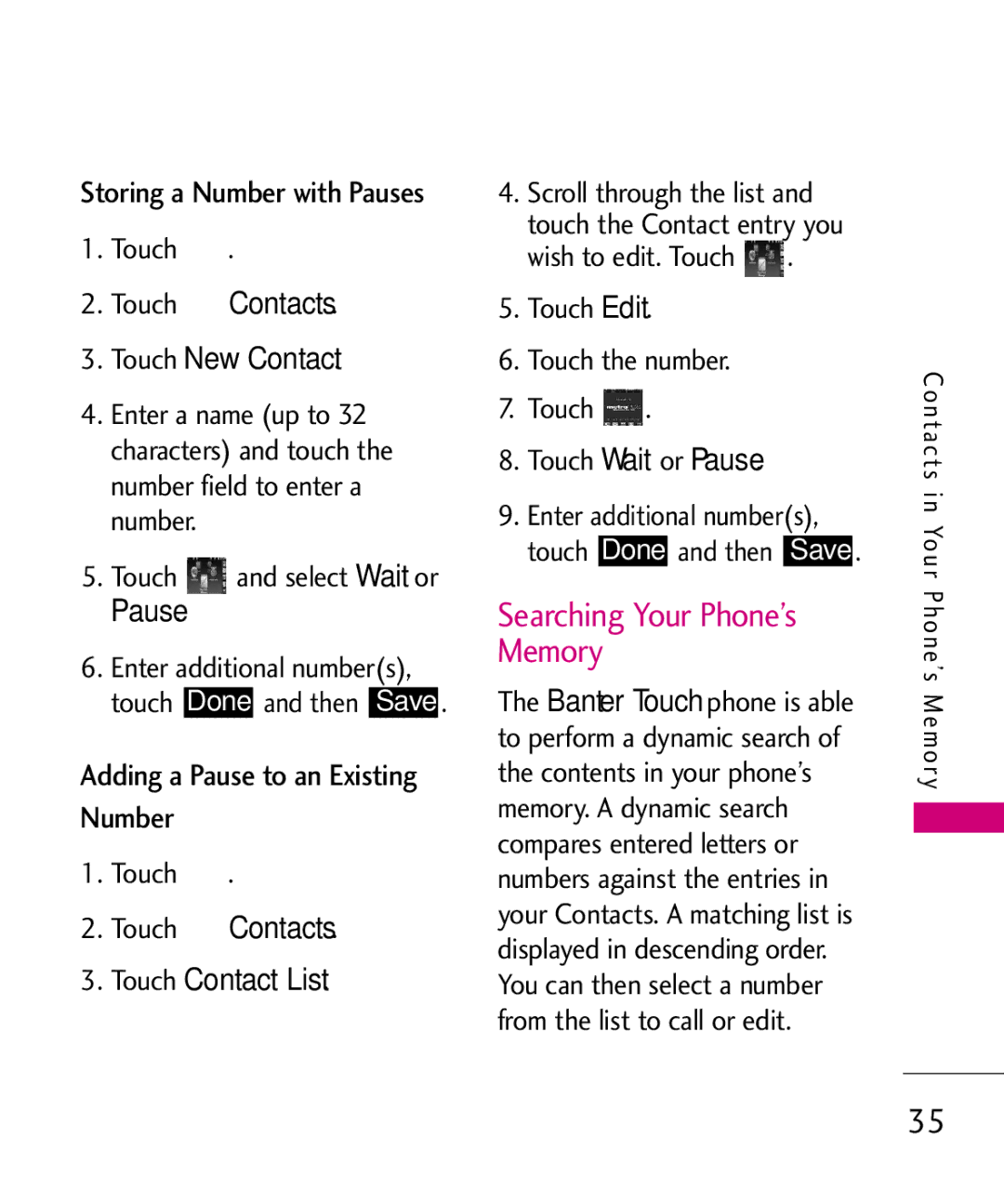 LG Electronics MN510 manual Contacts, Adding a Pause to an Existing Number, Edit 