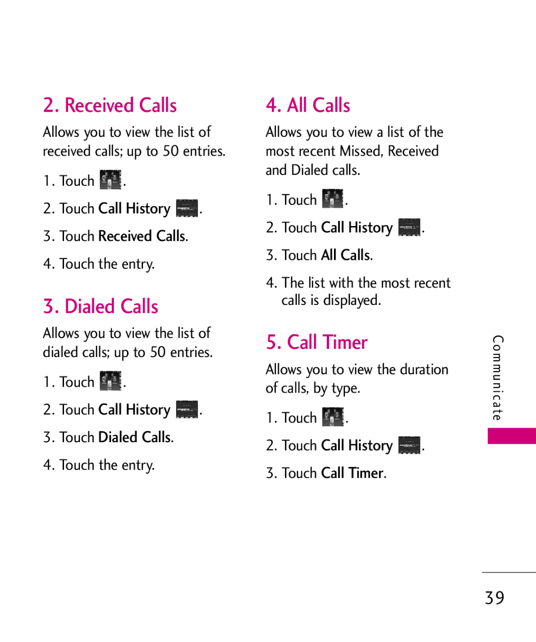 LG Electronics MN510 manual Received Calls, Dialed Calls, Call Timer, Touch Call History Touch All Calls 