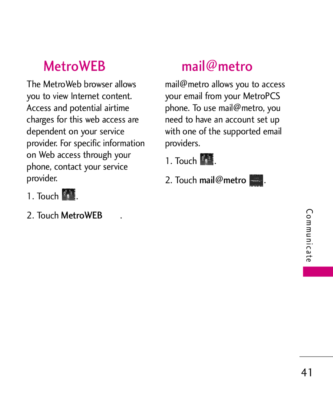 LG Electronics MN510 manual Mail@metro, Touch MetroWEB, Touch mail@metro 