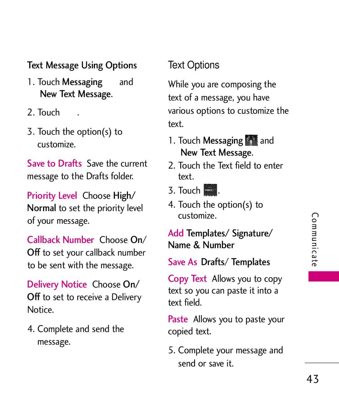 LG Electronics MN510 manual Messaging, Text Options, Add Templates/ Signature Name & Number 