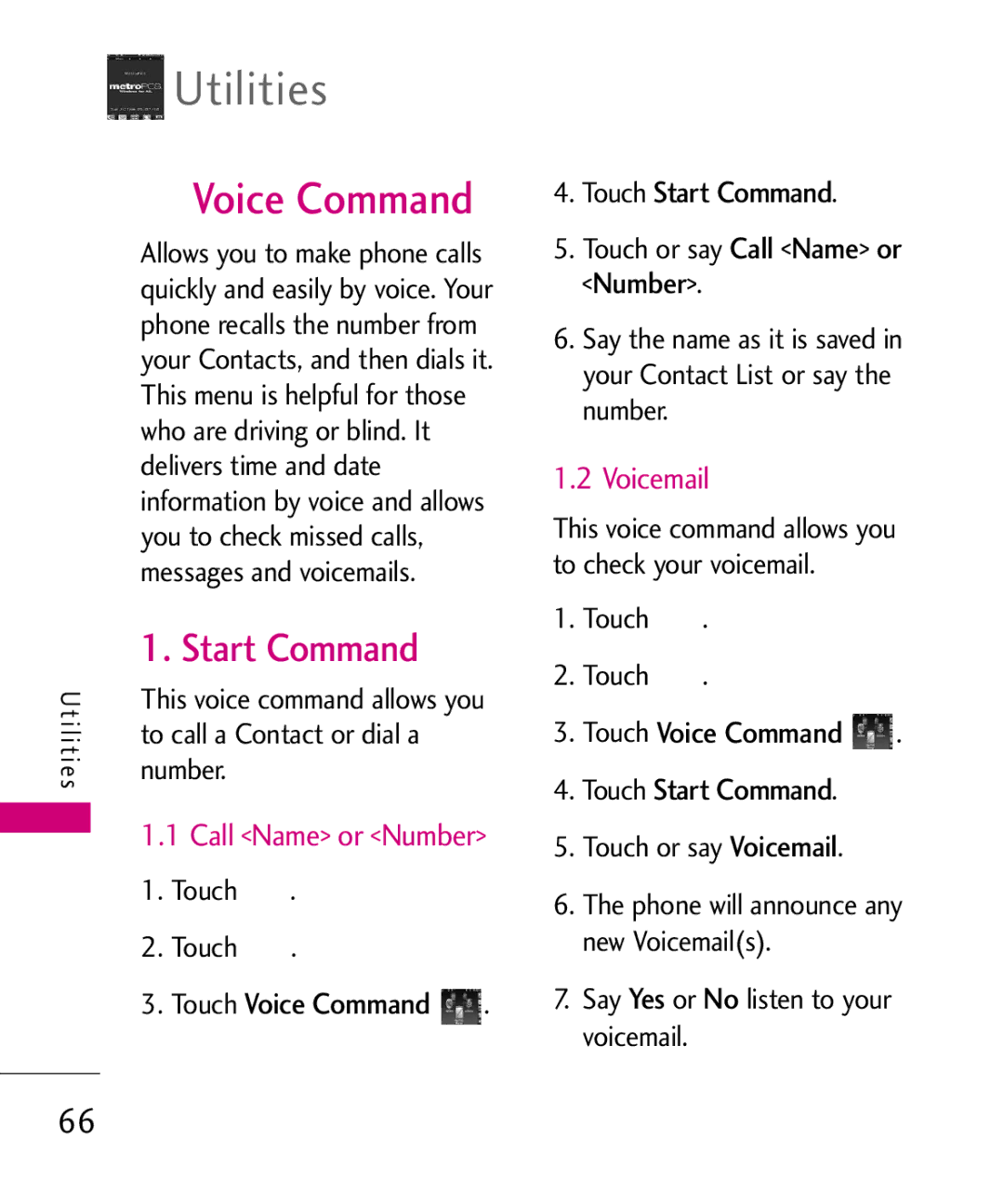 LG Electronics MN510 manual Utilities, Voice Command, Touch Start Command, To call a Contact or dial a Number 