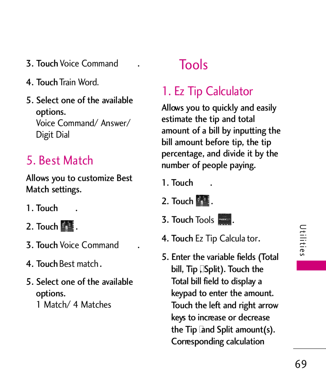 LG Electronics MN510 manual Tools, Best Match, Ez Tip Calculator 