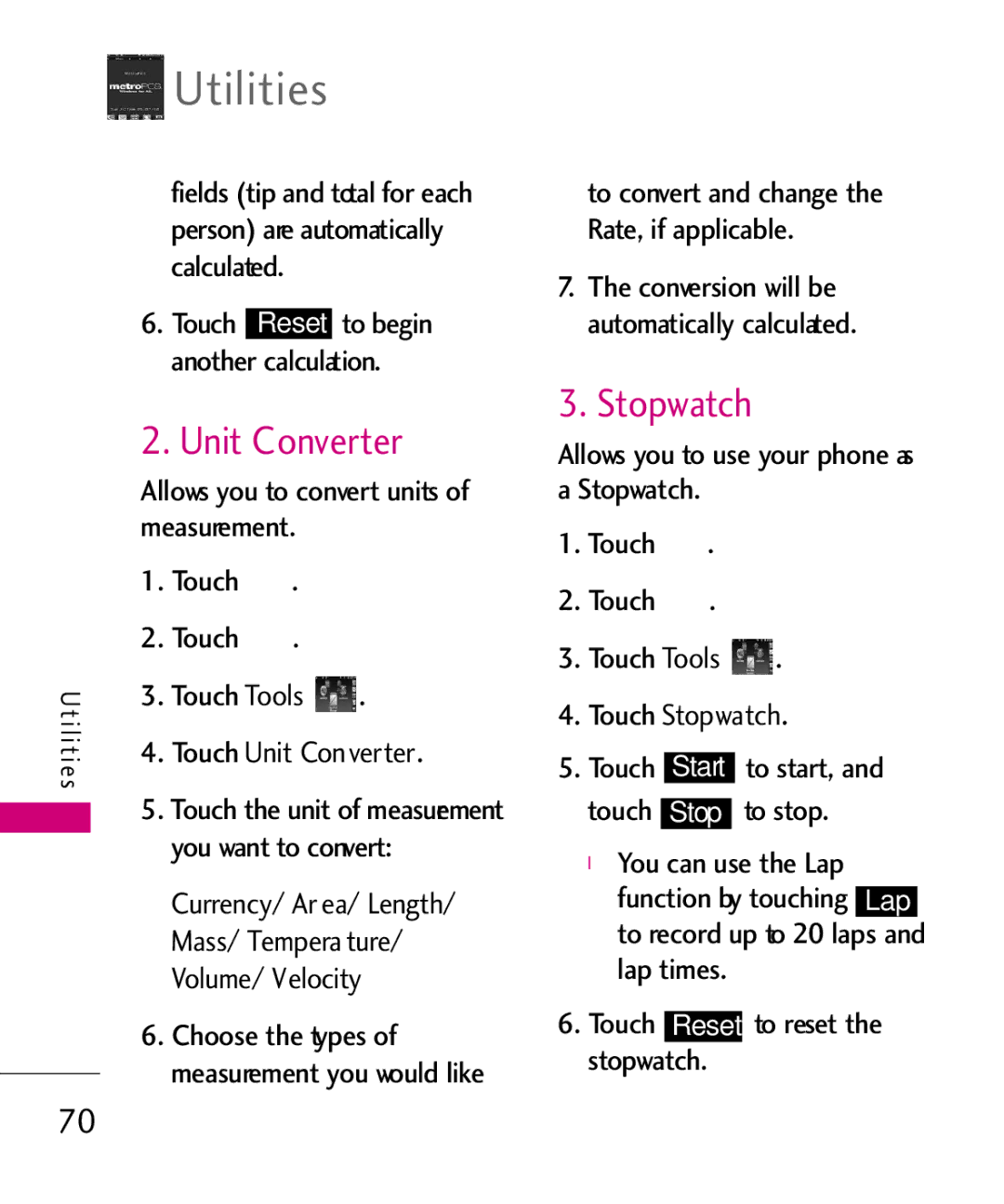 LG Electronics MN510 manual Unit Converter, Stopwatch 