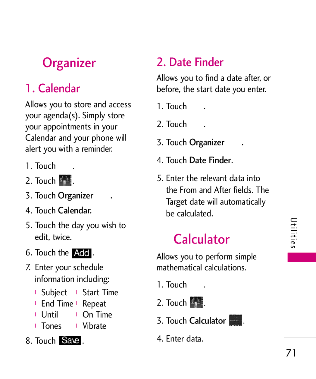 LG Electronics MN510 manual Organizer, Calculator, Calendar, Date Finder 