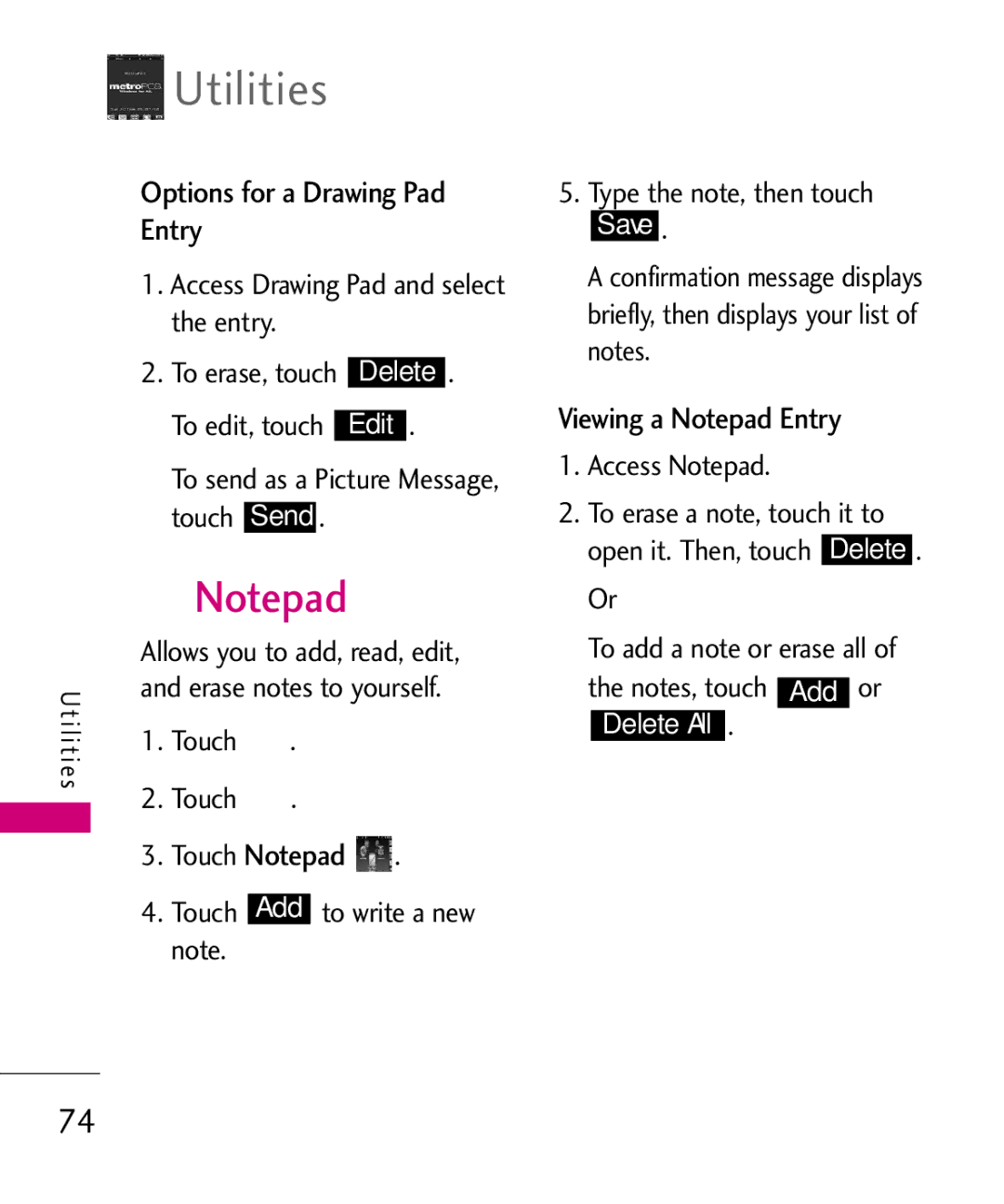 LG Electronics MN510 manual Options for a Drawing Pad Entry, Viewing a Notepad Entry, EsitilitU and erase notes to yourself 