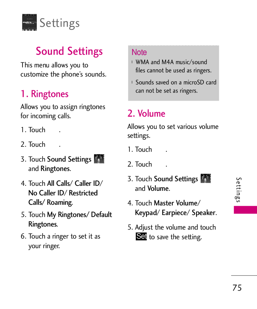 LG Electronics MN510 manual Sound Settings, Volume, Touch My Ringtones/ Default Ringtones 