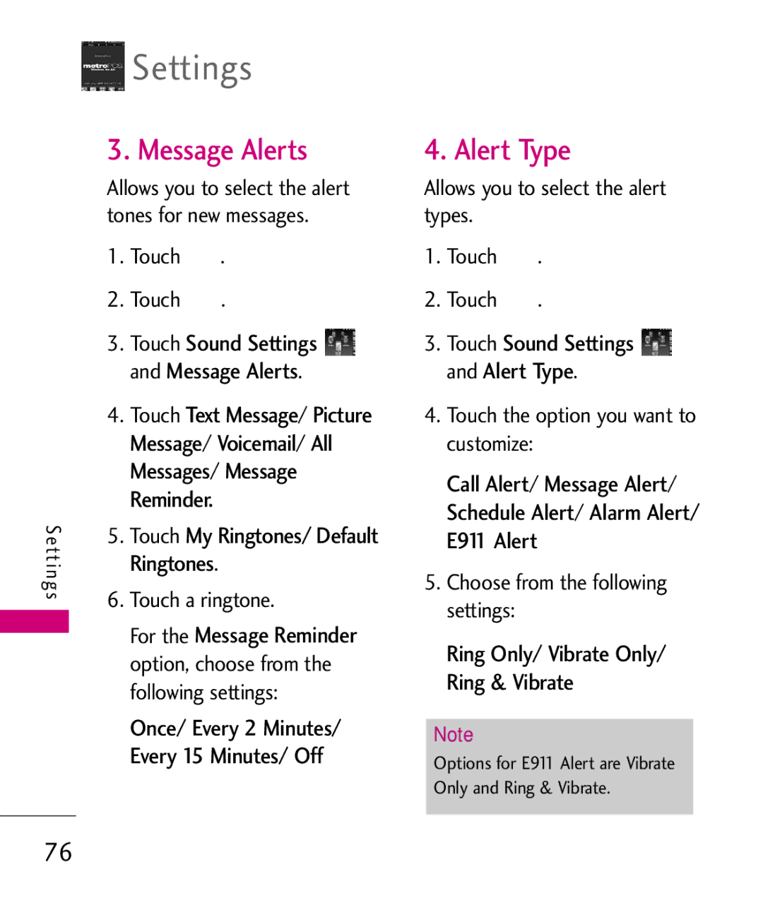 LG Electronics MN510 manual Message Alerts, Alert Type, Sound Settings, Ring Only/ Vibrate Only/ Ring & Vibrate 