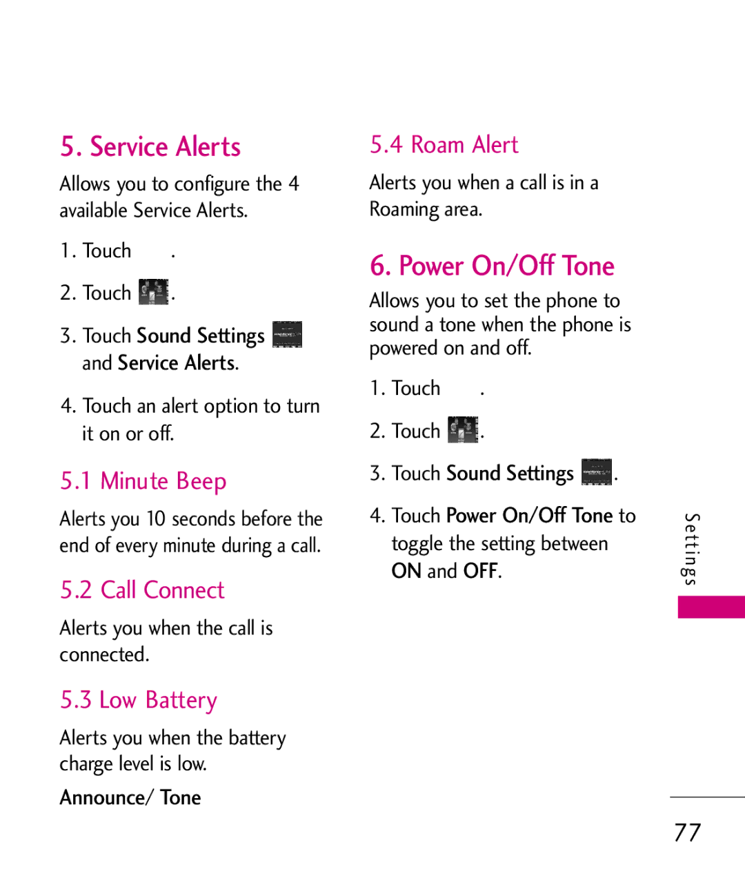 LG Electronics MN510 manual Service Alerts, Power On/Off Tone, Minute Beep, Low Battery, Roam Alert 