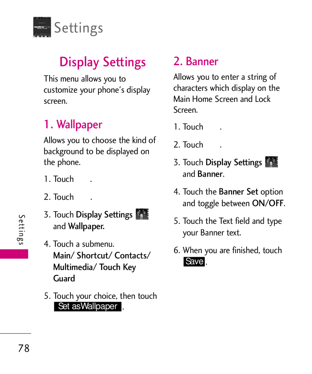 LG Electronics MN510 manual Display Settings, Wallpaper, Banner, Multimedia/ Touch Key, Guard Shortcut 