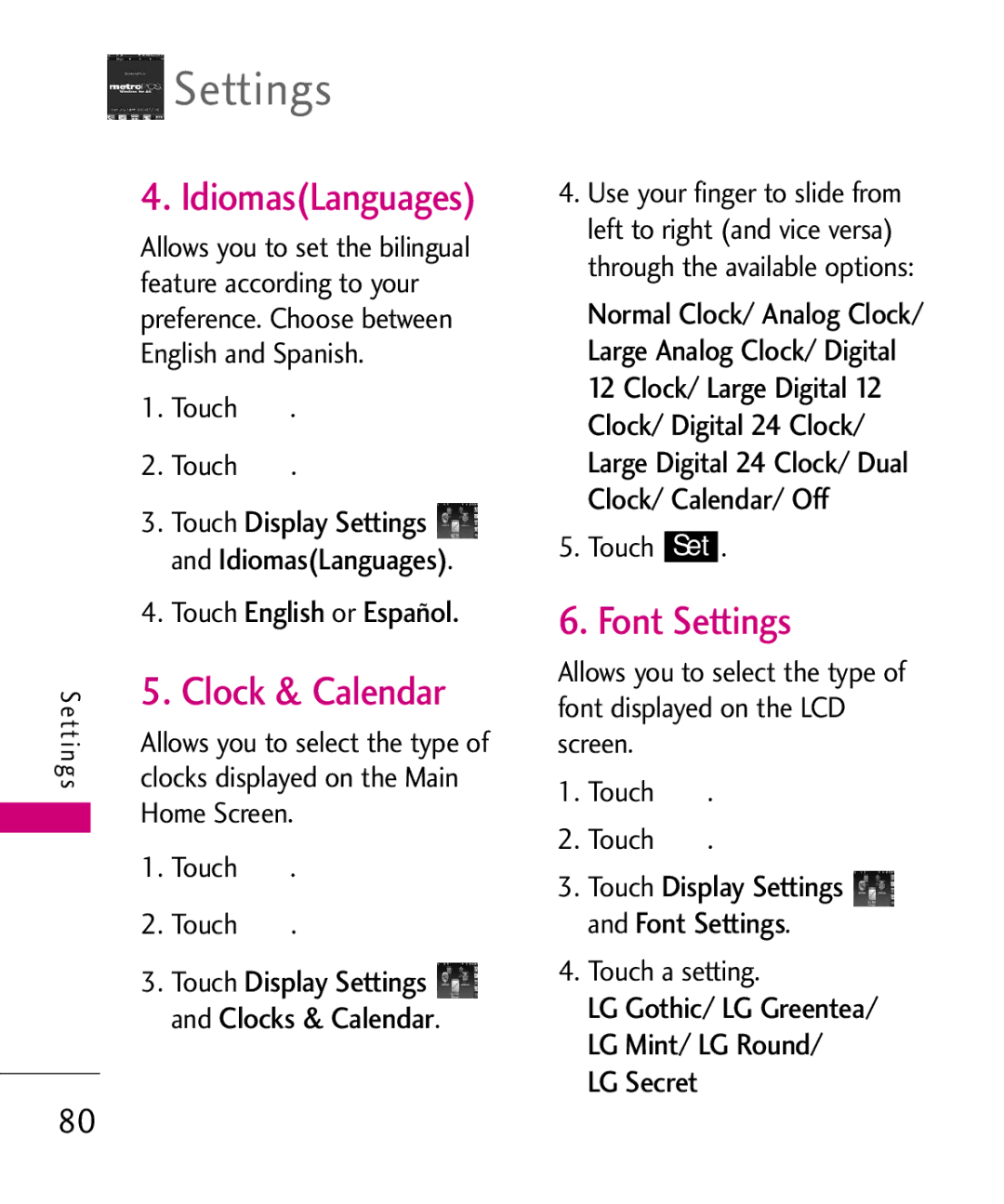 LG Electronics MN510 manual IdiomasLanguages, Clock & Calendar, Font Settings, Home Screen, Touch Set 