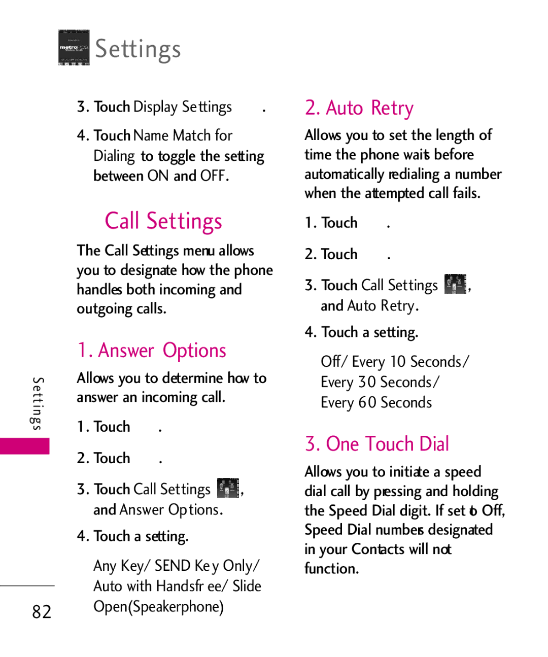 LG Electronics MN510 manual Call Settings, Answer Options, Auto Retry, One Touch Dial, Touch Display Settings 