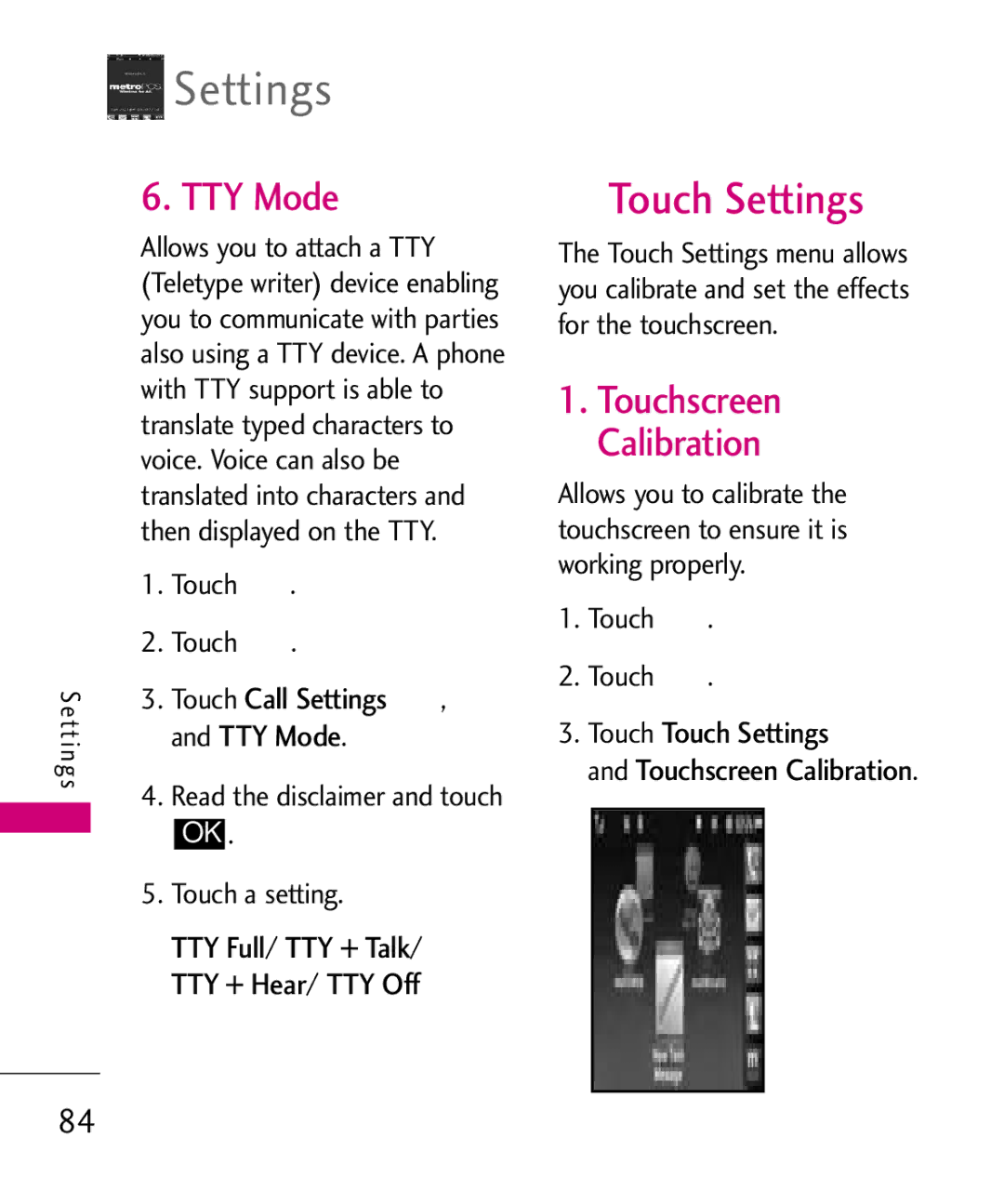 LG Electronics MN510 manual Touchscreen Calibration, Touch Touch Settings, TouchTTY Mode 