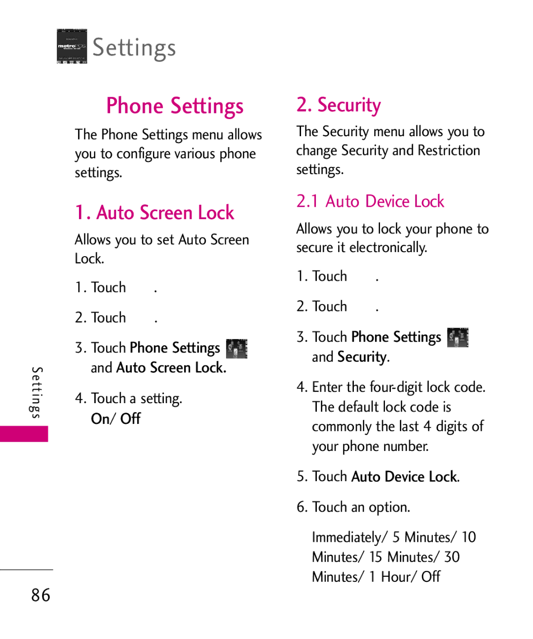 LG Electronics MN510 manual Phone Settings, Auto Screen Lock, Security, On Off, Touch Auto Device Lock 