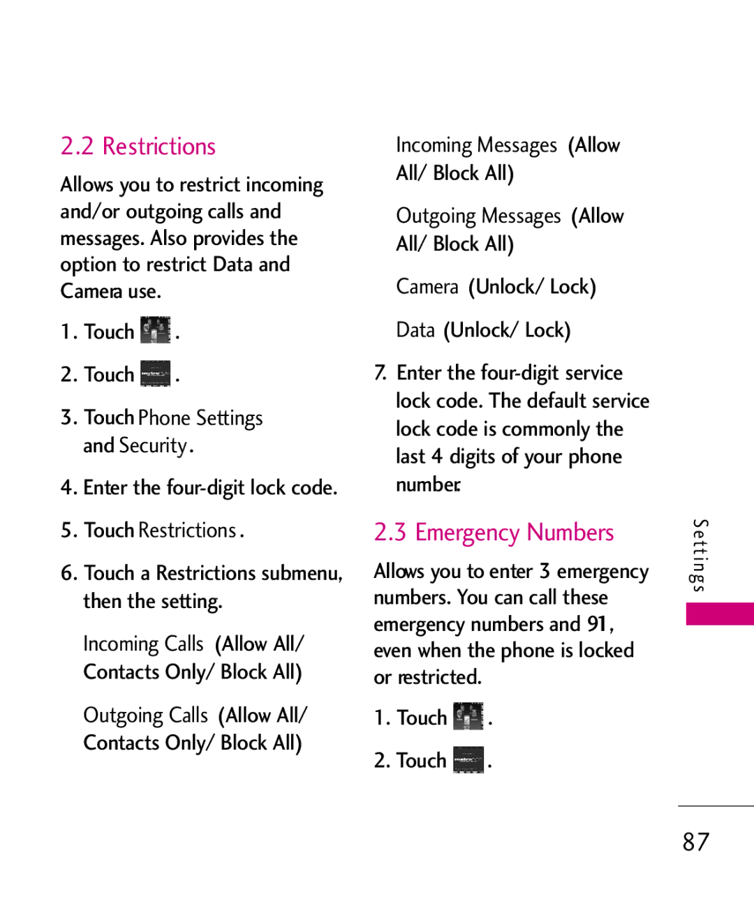 LG Electronics MN510 manual Emergency Numbers, Touch Restrictions, Incoming Messages Allow, Outgoing Messages Allow 