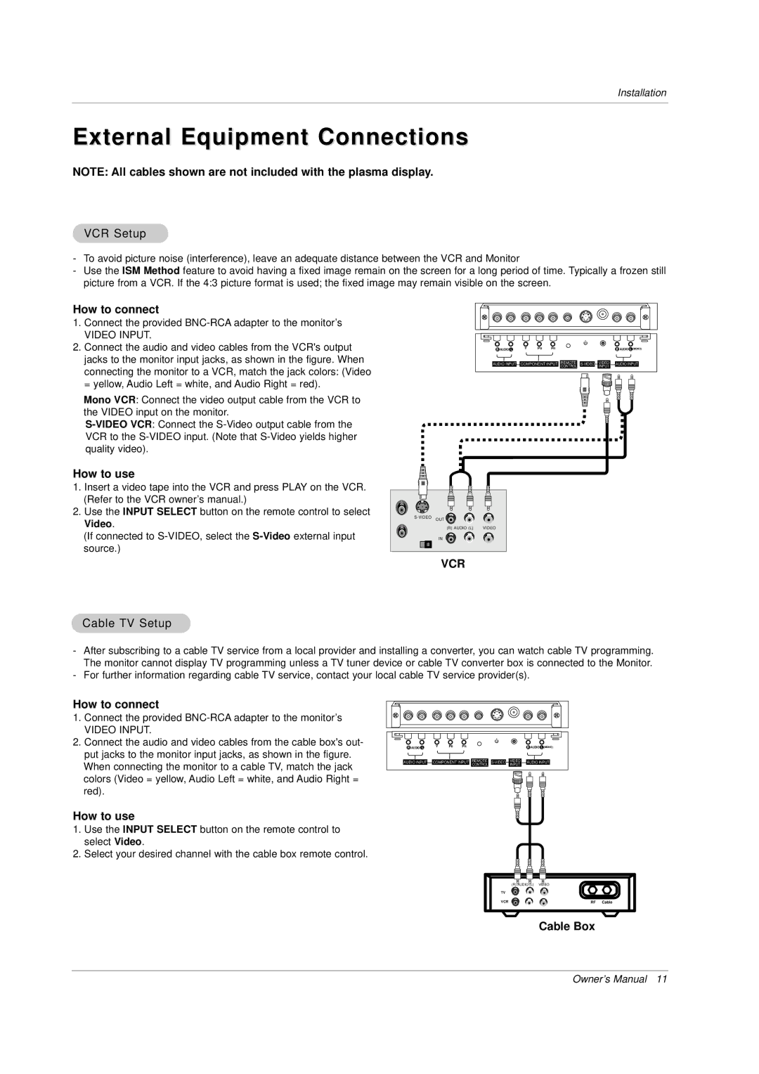 LG Electronics MP-42PZ44HR, MP-42PZ45V, MP-42PZ45MR External Equipment Connections, How to connect, How to use, Cable Box 