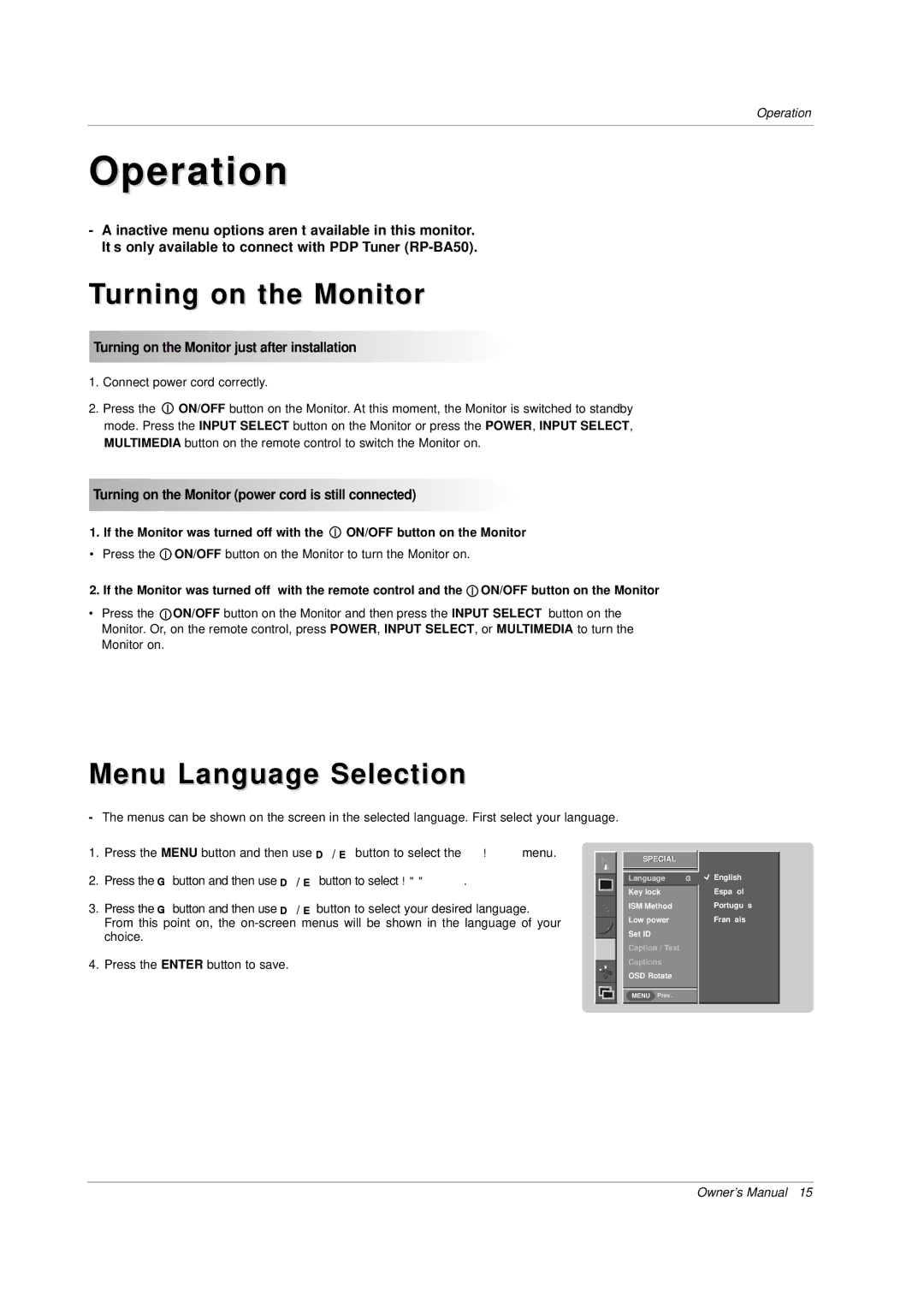 LG Electronics MP-42PZ44HA, MP-42PZ45V Menu Language Selection, Turning on the Monitor just after installation 