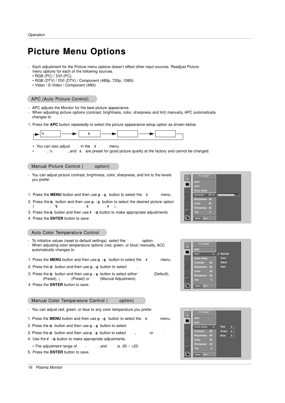 LG Electronics MP-42PZ44B, MP-42PZ45V Picture Menu Options, APC Auto Picture Control, Manual Picture Control User option 