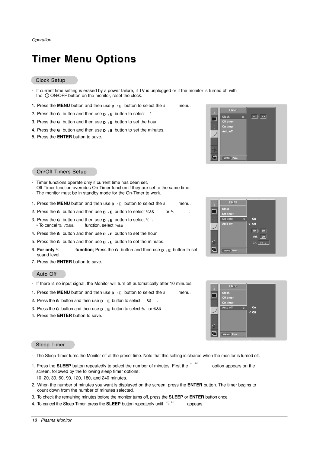 LG Electronics MP-42PZ44H, MP-42PZ45V Timer Menu Options, Clock Setup, On/Off Timers Setup, Auto Off, Sleep Timer 