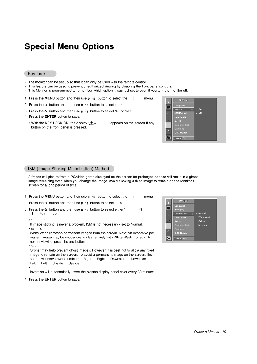 LG Electronics MP-42PZ44, MP-42PZ45V, MP-42PZ45MR Special Menu Options, Key Lock, ISM Image Sticking Minimization Method 