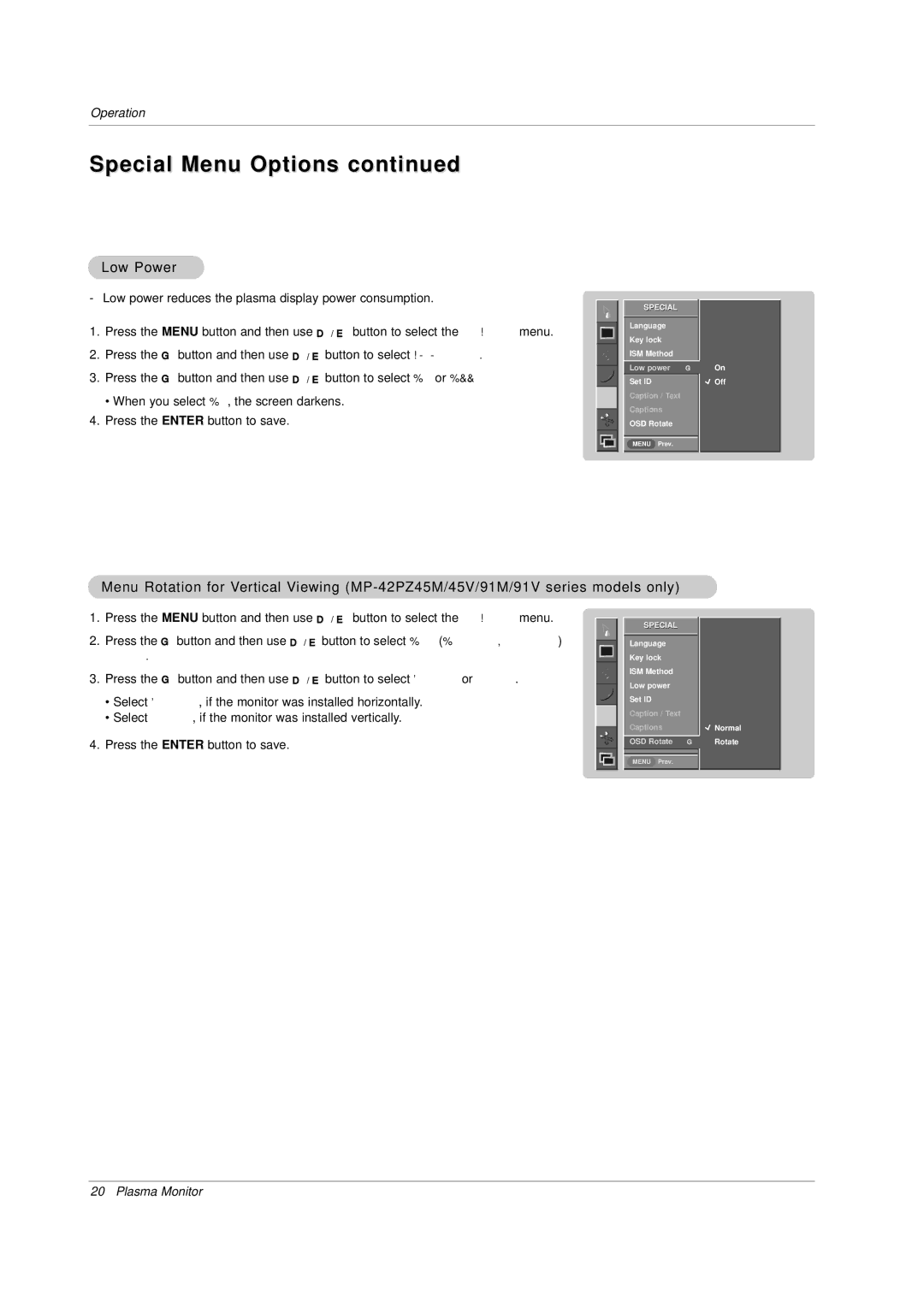 LG Electronics MP-42PZ44A, MP-42PZ45MR, MP-42PZ45VB, MP-42PZ45VR, MP-42PZ45VK, MP-42PZ45VA Special Menu Options, Low Power 