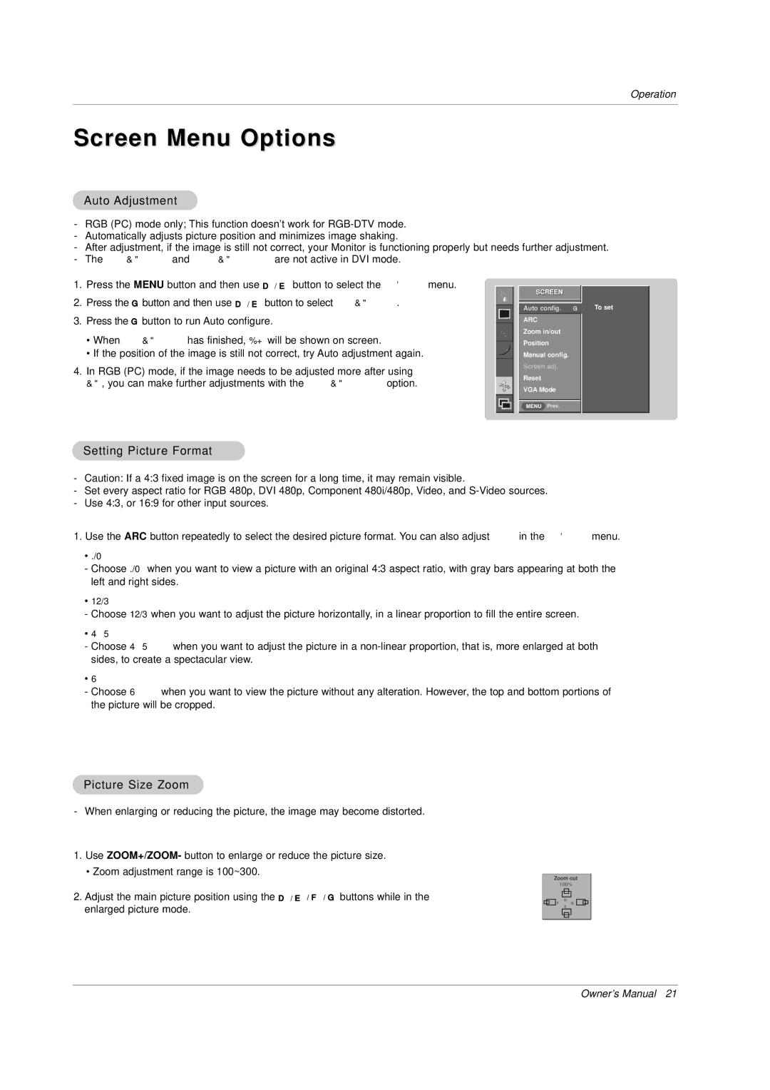 LG Electronics MP-42PZ45V, MP-42PZ45MR Screen Menu Options, Auto Adjustment, Setting Picture Format, Picture Size Zoom 