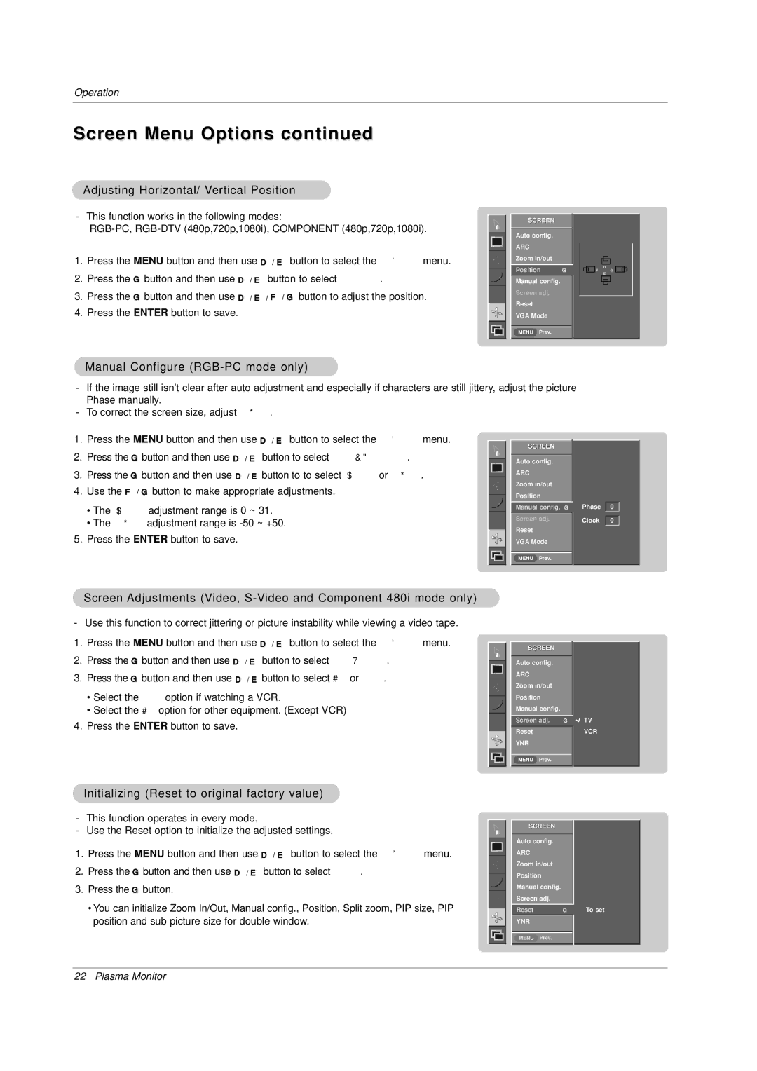 LG Electronics MP-42PZ45MR, MP-42PZ45V Adjusting Horizontal/ Vertical Position, Manual Configure RGB-PC mode only 