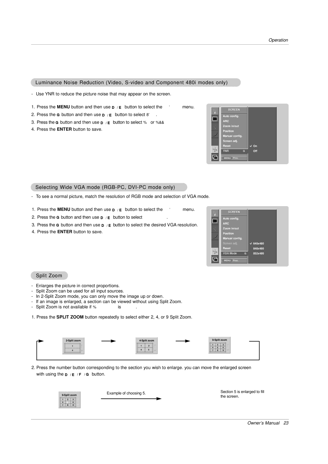 LG Electronics MP-42PZ45VB, MP-42PZ45MR, MP-42PZ45VR, MP-42PZ44 Selecting Wide VGA mode RGB-PC, DVI-PC mode only, Split Zoom 