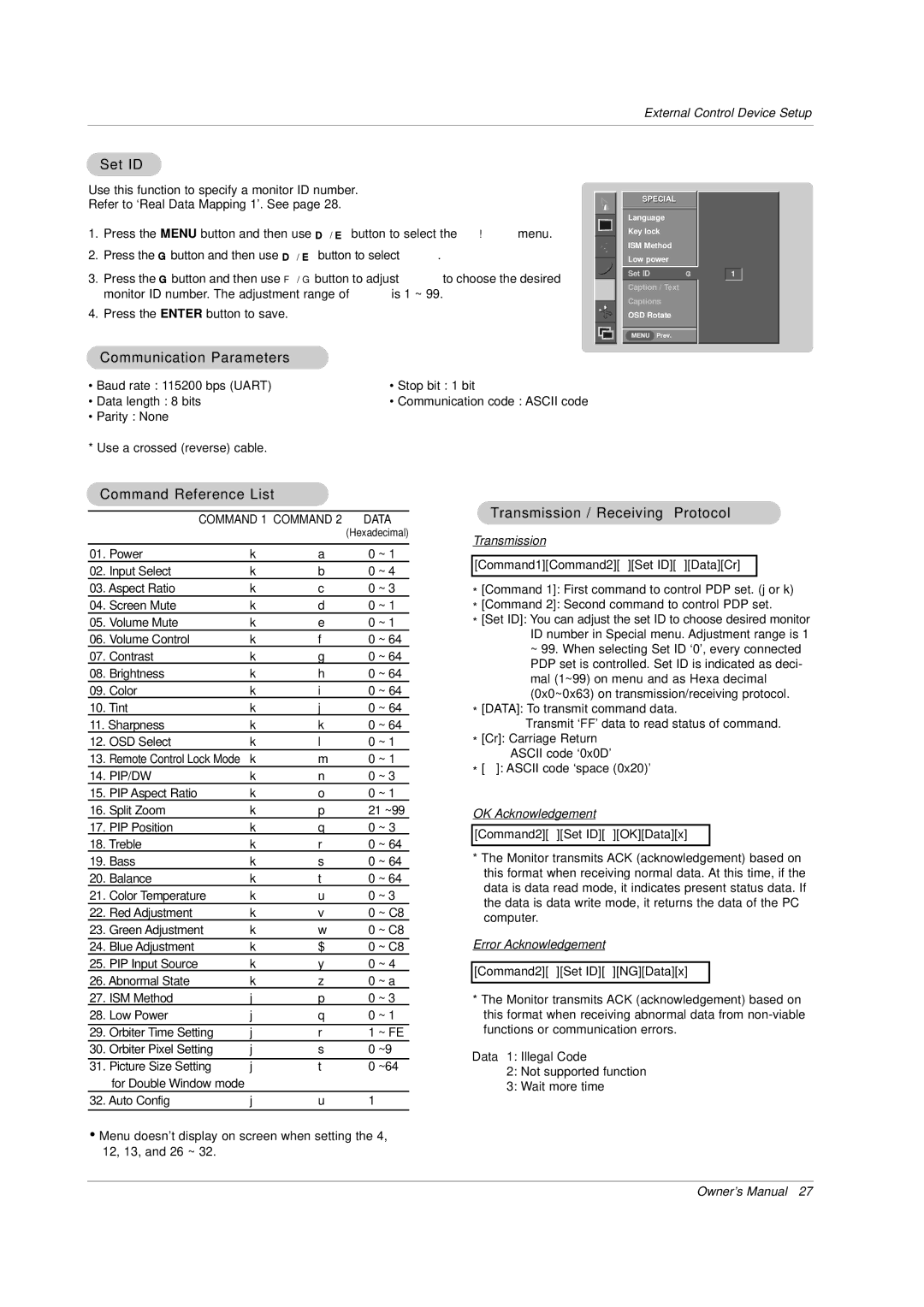 LG Electronics MP-42PZ45MK Set ID, Communication Parameters, Command Reference List, Transmission / Receiving Protocol 