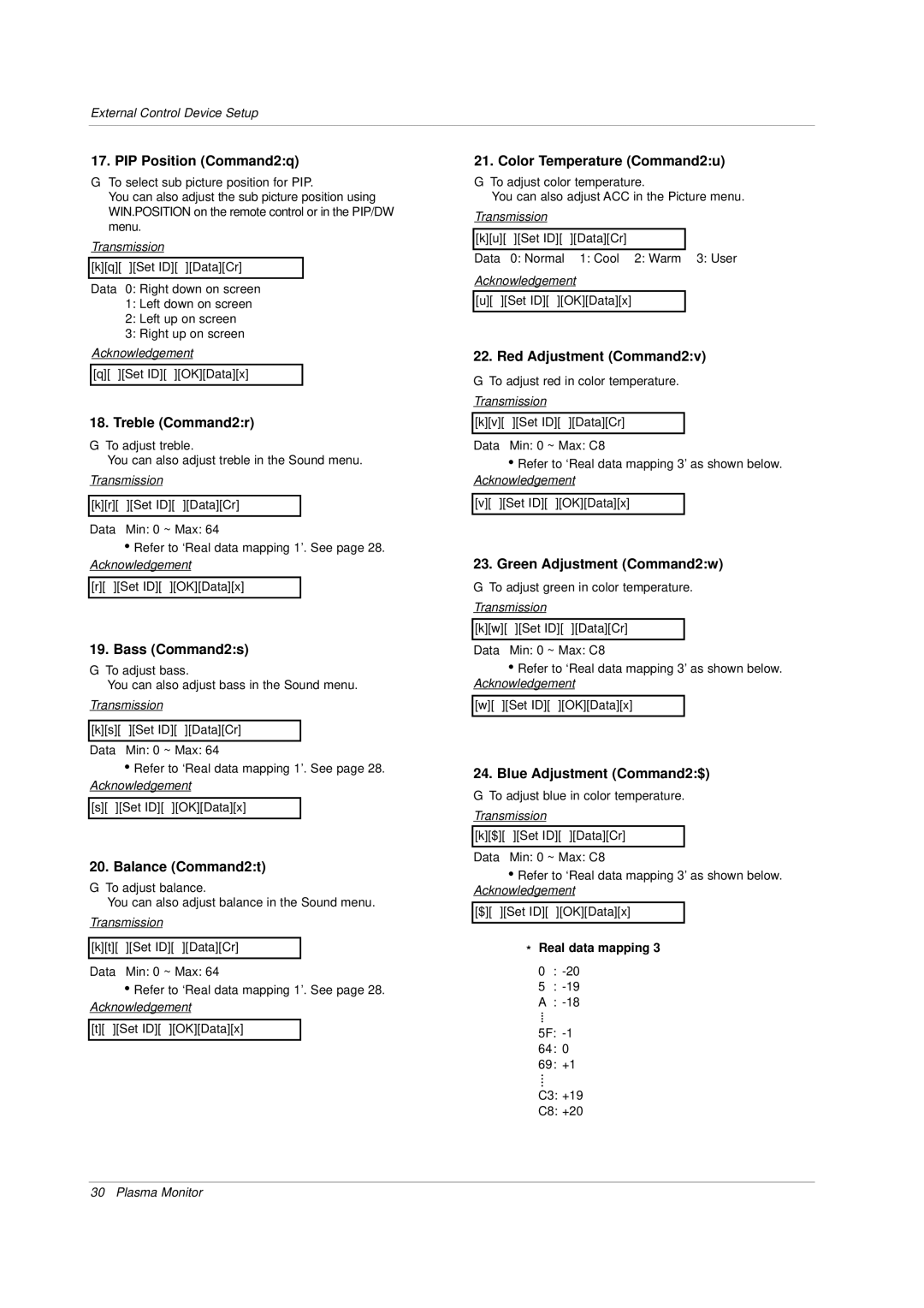 LG Electronics MP-42PZ45M, MP-42PZ45V PIP Position Command2q, Treble Command2r, Bass Command2s, Balance Command2t 