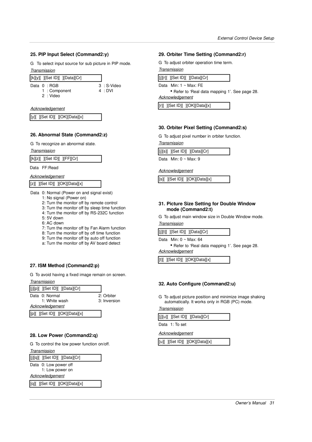 LG Electronics MP-42PZ44K PIP Input Select Command2y, Abnormal State Command2z, ISM Method Command2p, Low Power Command2q 