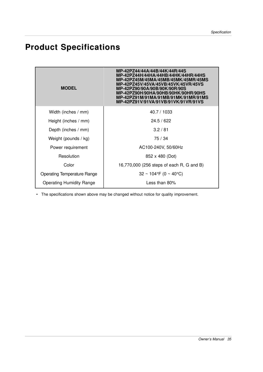 LG Electronics MP-42PZ45MR, MP-42PZ45VB, MP-42PZ45VR, MP-42PZ45VK Product Specifications, Operating Temperature Range 