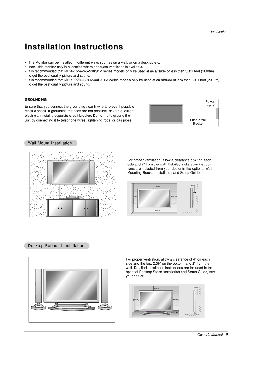 LG Electronics MP-42PZ45M, MP-42PZ45V Installation Instructions, Wall Mount Installation, Desktop Pedestal Installation 