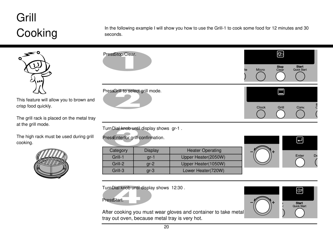 LG Electronics MP-9483SLA owner manual Grill Cooking, Seconds, Press Stop/Clear 