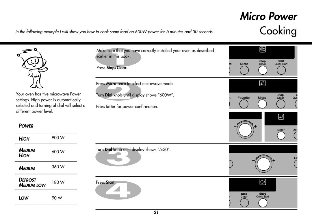 LG Electronics MP-9483SLA owner manual 900 W, W Turn Dial knob until display shows, 360 W, W Press Start, 90 W 