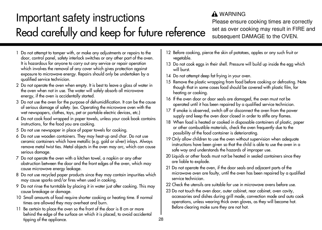 LG Electronics MP-9483SLA owner manual Important safety instructions, Tipping of the appliance 