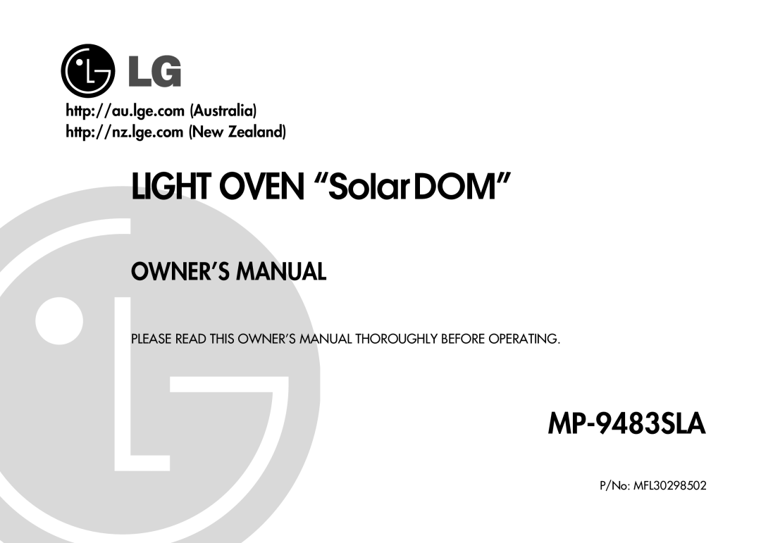 LG Electronics MP-9483SLA owner manual http//au.lge.com Australia http//nz.lge.com New Zealand, LIGHT OVEN “SolarDOM” 