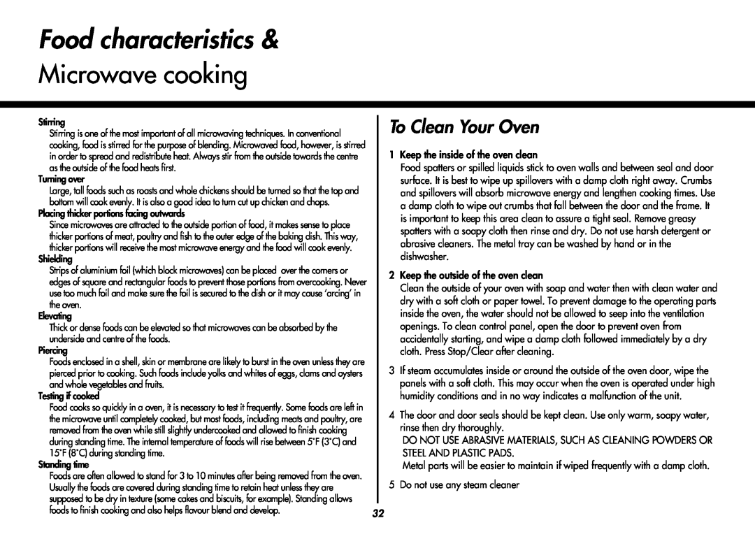 LG Electronics MP-9483SLA owner manual Food characteristics & Microwave cooking, To Clean Your Oven 