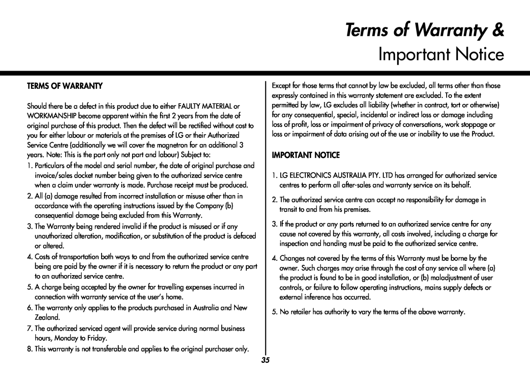 LG Electronics MP-9483SLA owner manual Terms of Warranty, Important Notice 