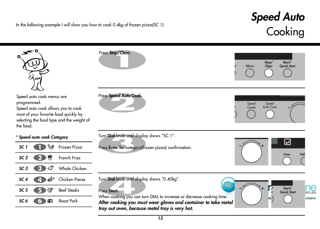 LG Electronics MP-9485SA, MP9489SB Speed Auto, Speed auto cook Category Frozen Pizza French Fries, Beef Steaks, Roast Pork 