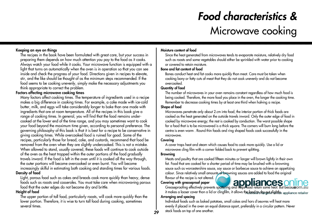 LG Electronics MP9489SB, MP-9485SA owner manual Food characteristics & Microwave cooking 