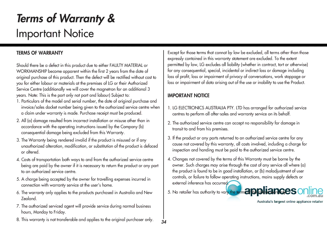 LG Electronics MP-9485SA, MP9489SB owner manual Terms of Warranty, Important Notice 