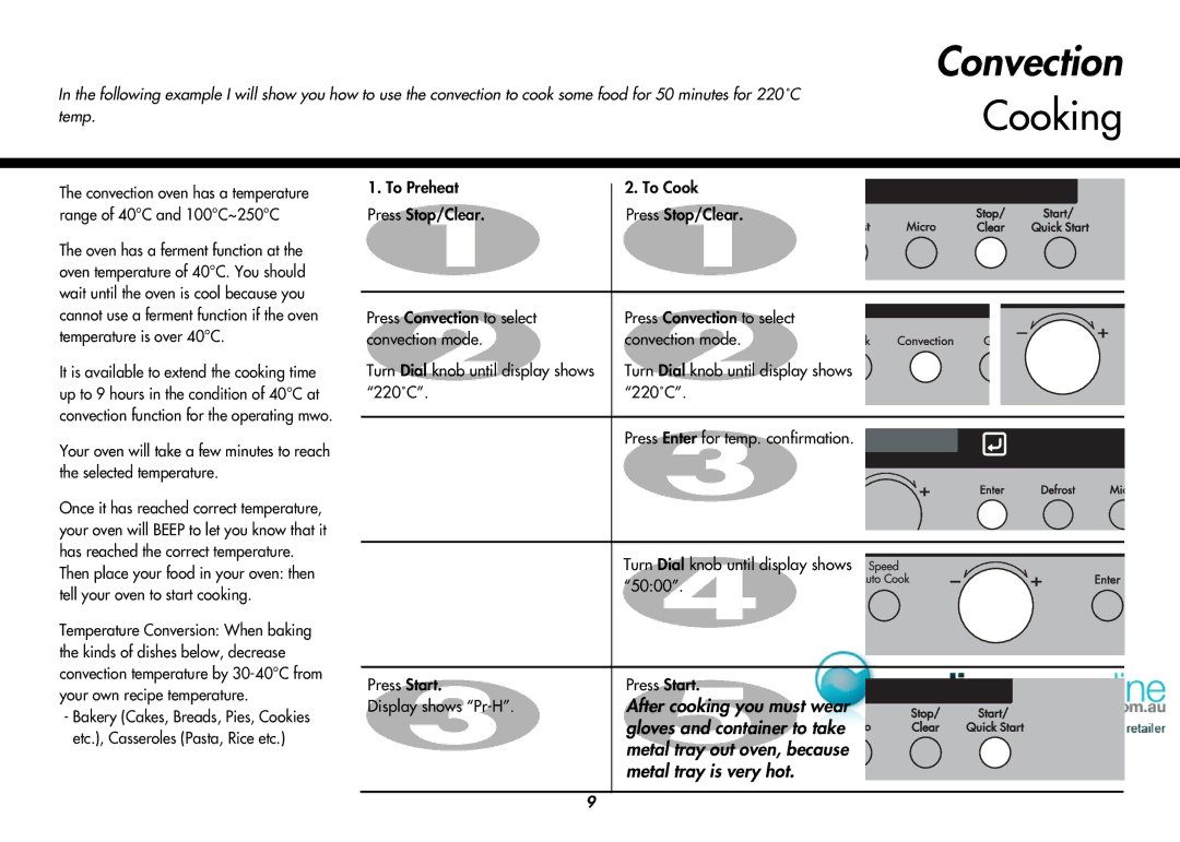 LG Electronics MP9489SB, MP-9485SA Convection, Cooking, After cooking you must wear, Gloves and container to take 