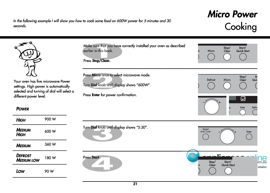 LG Electronics MP9489SB Micro Power, Cooking, seconds, High, 900 W, 600 W, 360 W, Defrost, 180 W, Medium Low, 90 W 