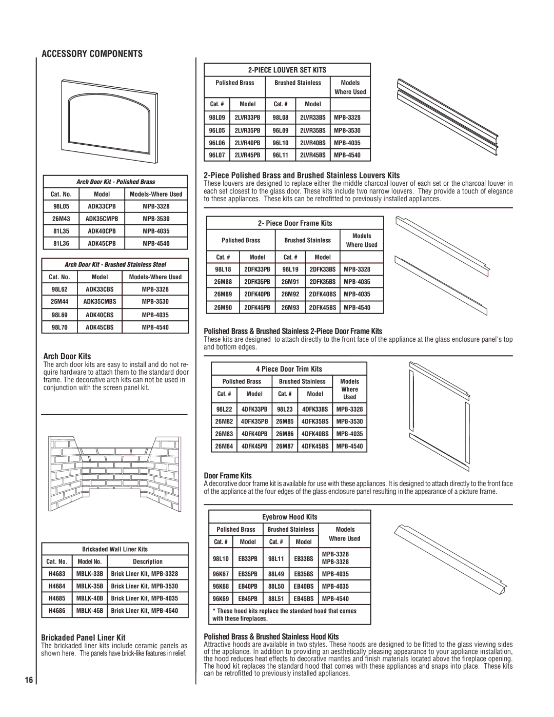 LG Electronics MPB3328CNE manual Arch Door Kits, Brickaded Panel Liner Kit, Door Frame Kits 