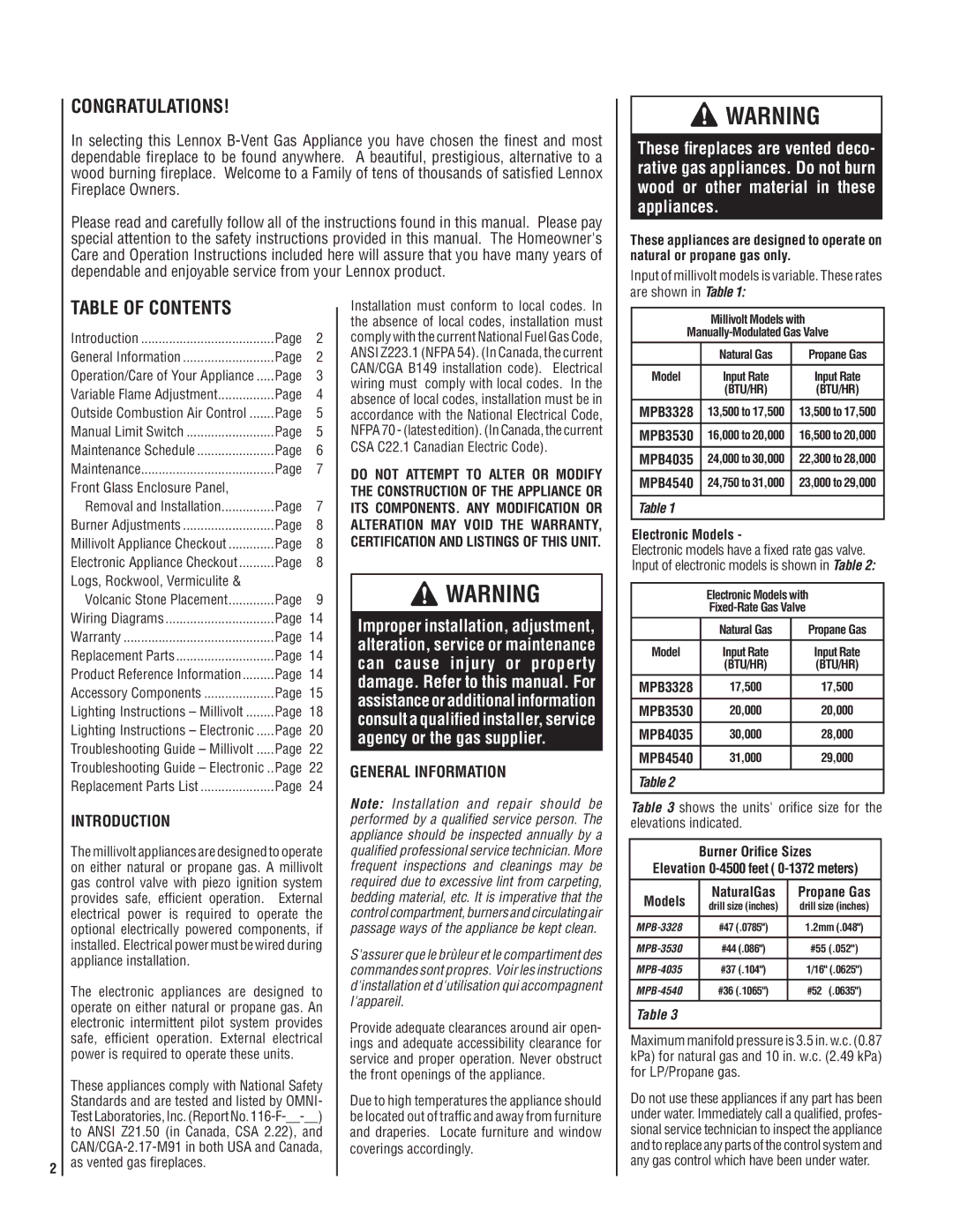 LG Electronics MPB3328CNE manual Congratulations, Table of Contents 