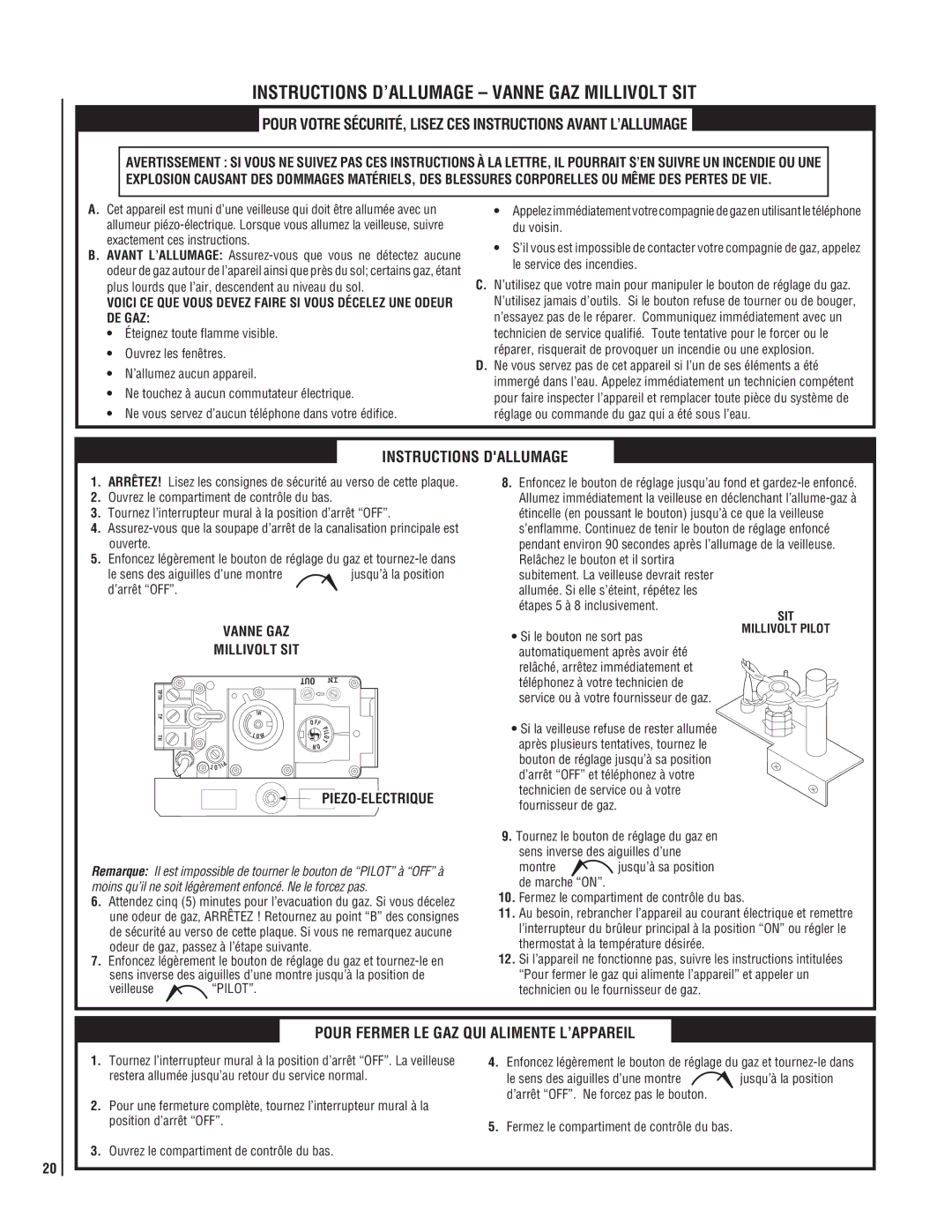 LG Electronics MPB3328CNE manual Instructions D’ALLUMAGE Vanne GAZ Millivolt SIT, Instructions Dallumage, Piezo-Electrique 