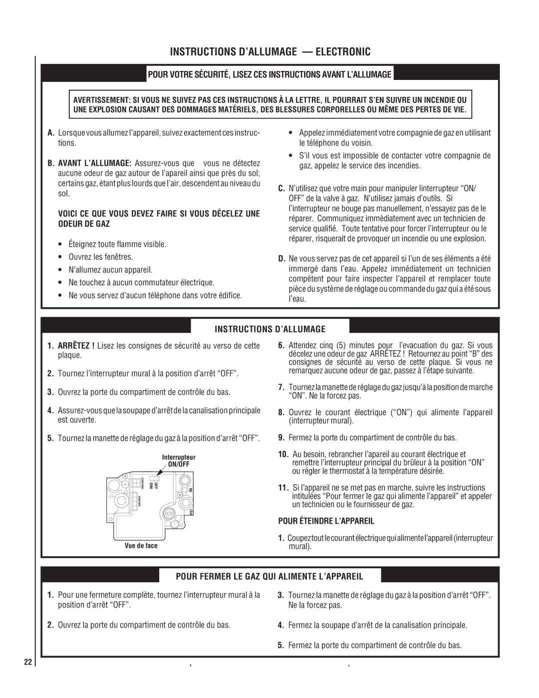 LG Electronics MPB3328CNE manual Instructions D’ALLUMAGE Electronic, Pour Éteindre L’APPAREIL 