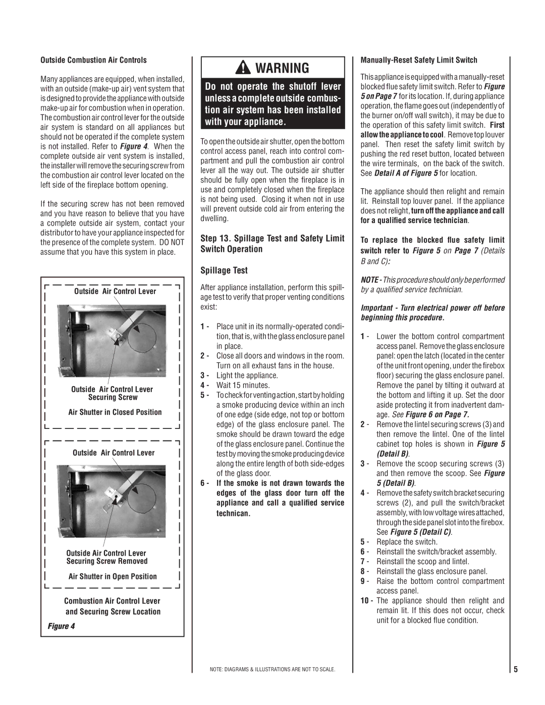 LG Electronics MPB3328CNE manual Spillage Test and Safety Limit Switch Operation, Outside Combustion Air Controls 